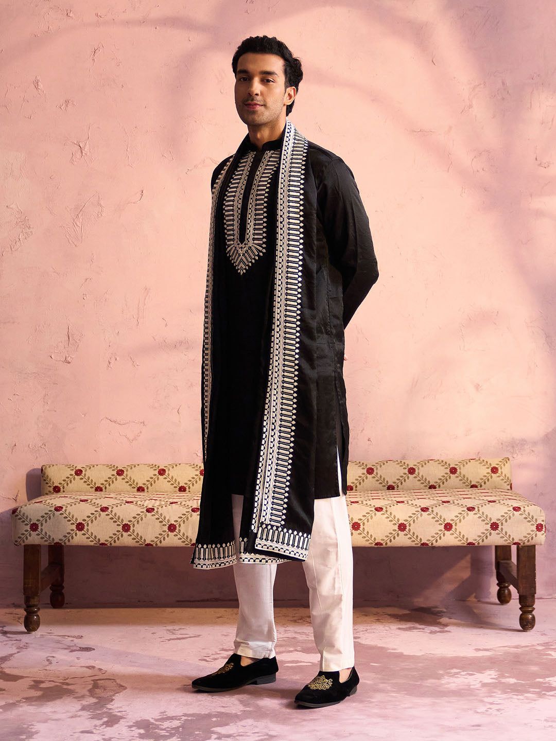 Men's Black And Cream Moonga Silk Kurta, Pyjama & Dupatta Set