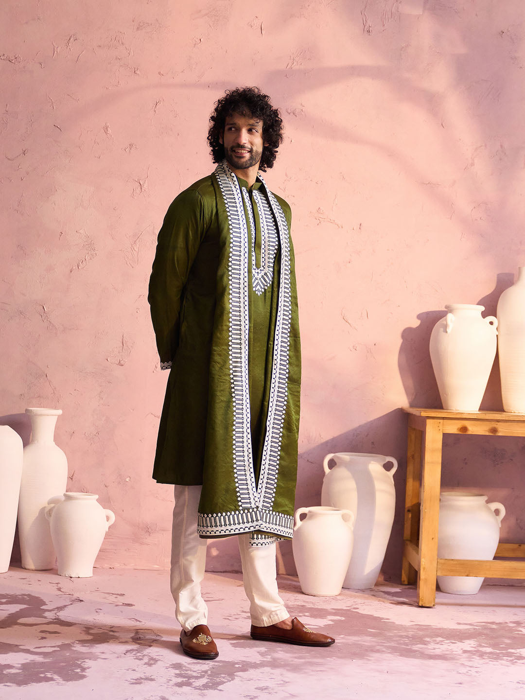 Men's Mehendi Green And Cream Moonga Silk Kurta, Pyjama & Dupatta Set