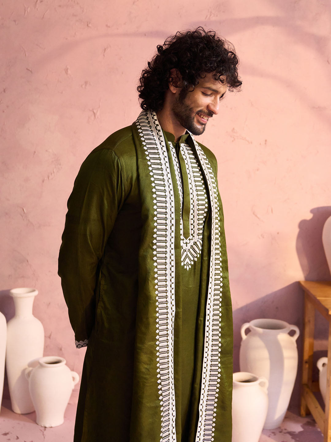 Men's Mehendi Green And Cream Moonga Silk Kurta, Pyjama & Dupatta Set