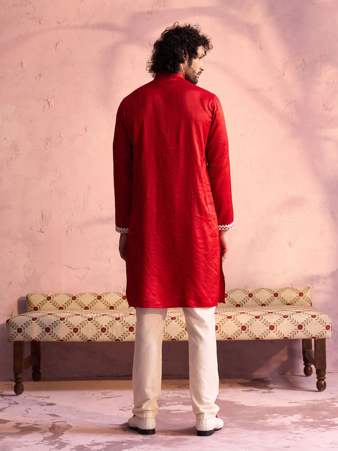 Men's Red And Cream Moonga Silk Kurta Pyjama Set