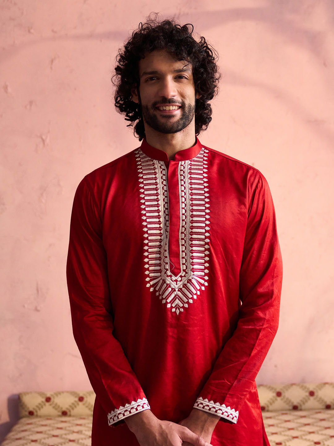 Men's Red And Cream Moonga Silk Kurta Pyjama Set