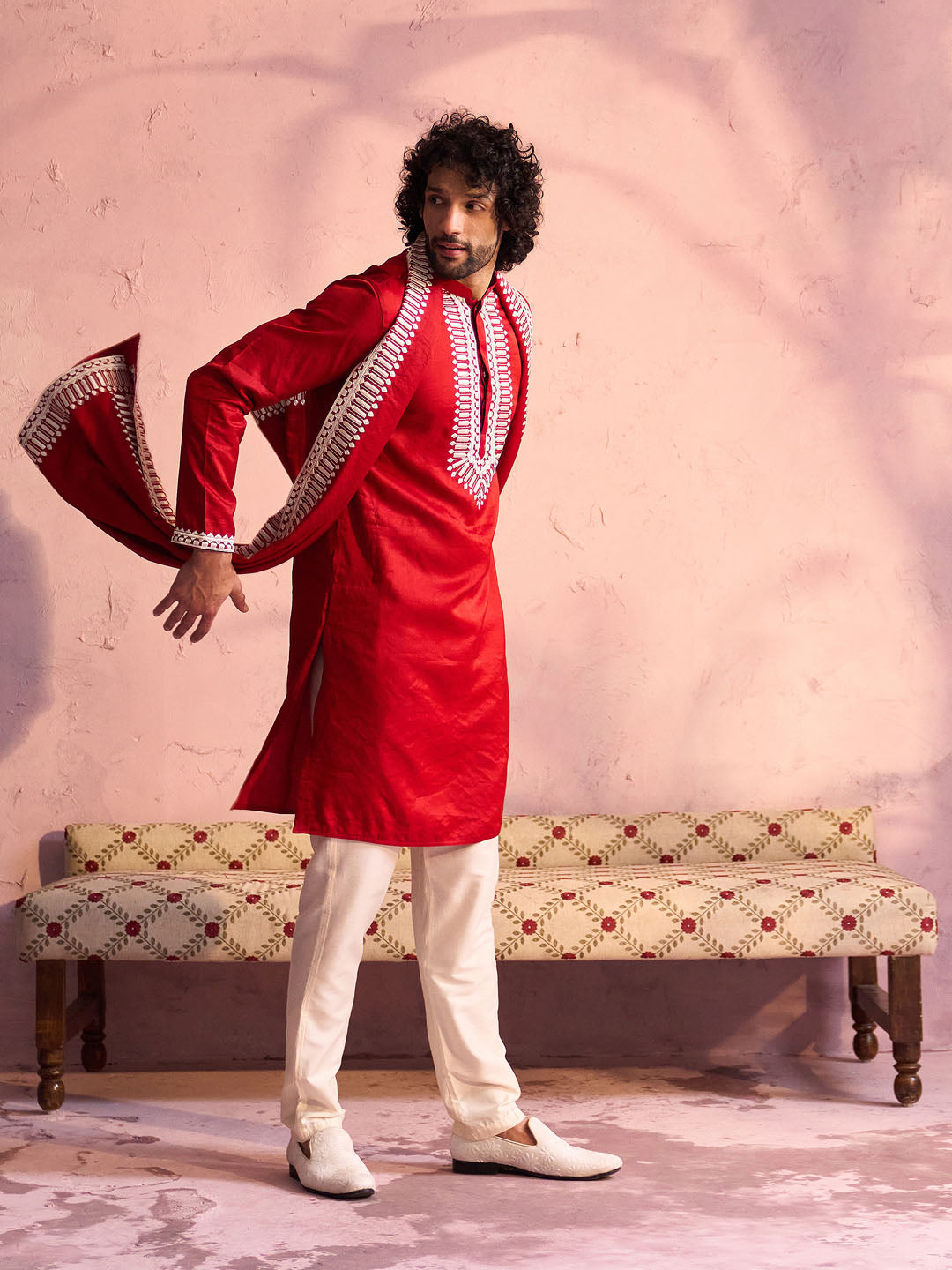 Men's Red And Cream Moonga Silk Kurta, Pyjama & Dupatta Set