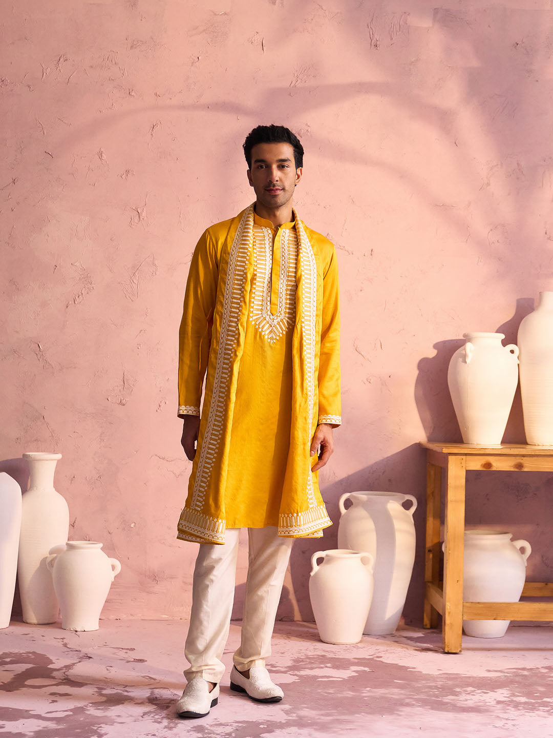 Men's Yellow And Cream Moonga Silk Kurta, Pyjama & Dupatta Set