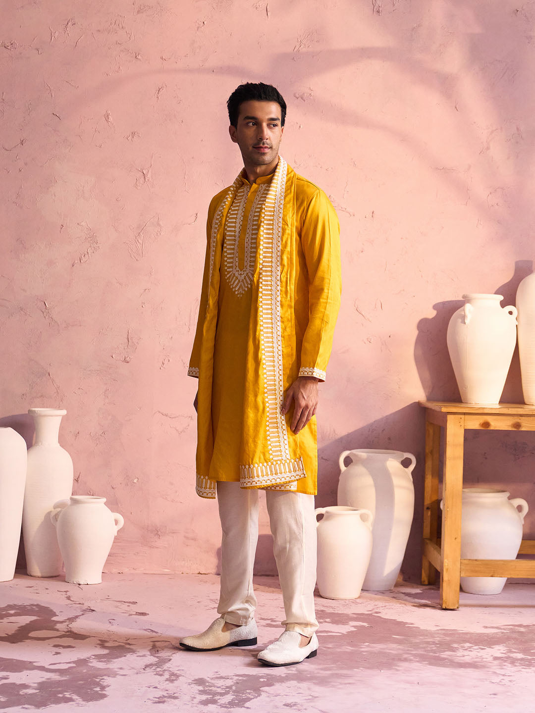 Men's Yellow And Cream Moonga Silk Kurta, Pyjama & Dupatta Set