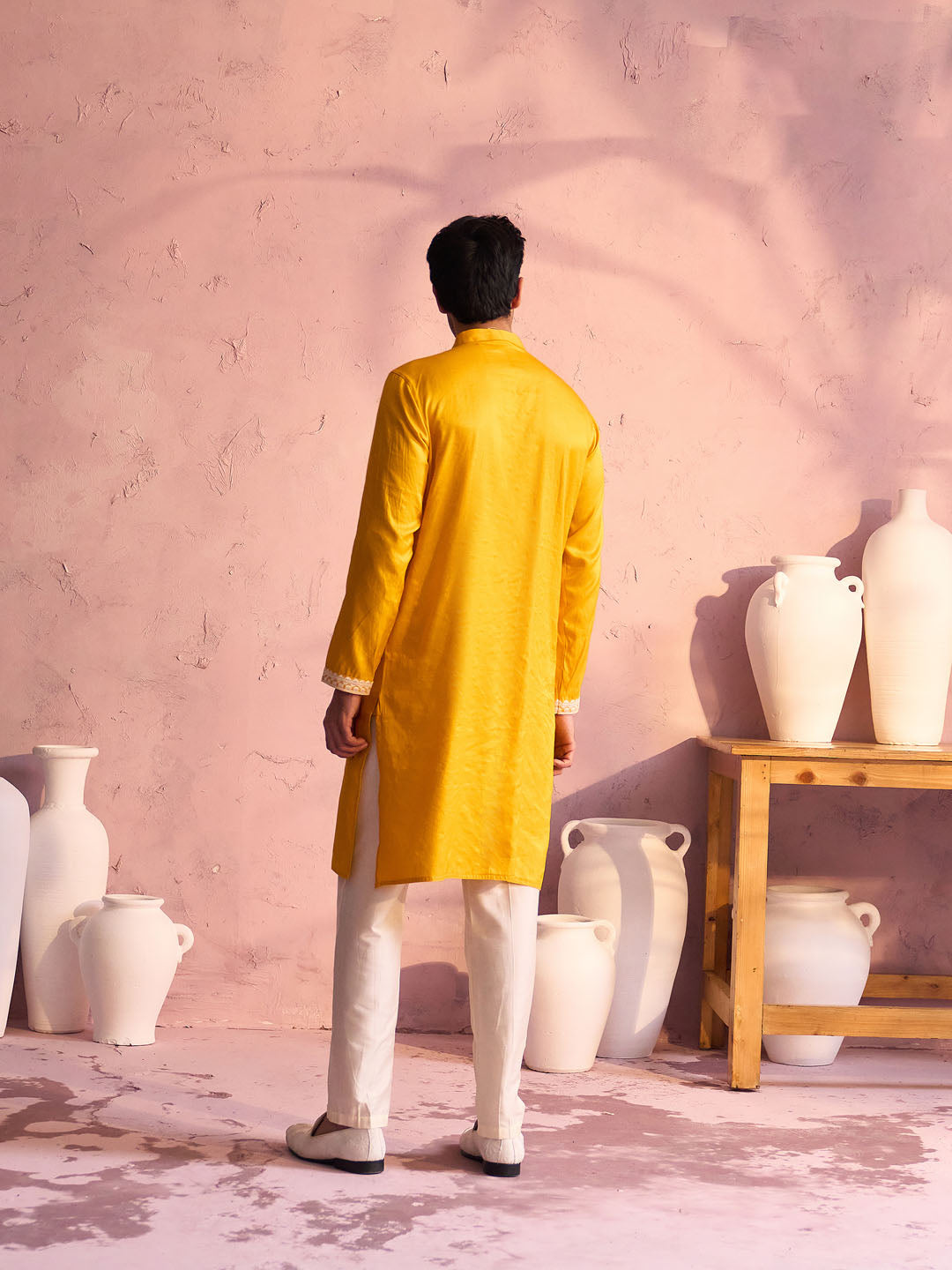 Men's Yellow And Cream Moonga Silk Kurta, Pyjama & Dupatta Set