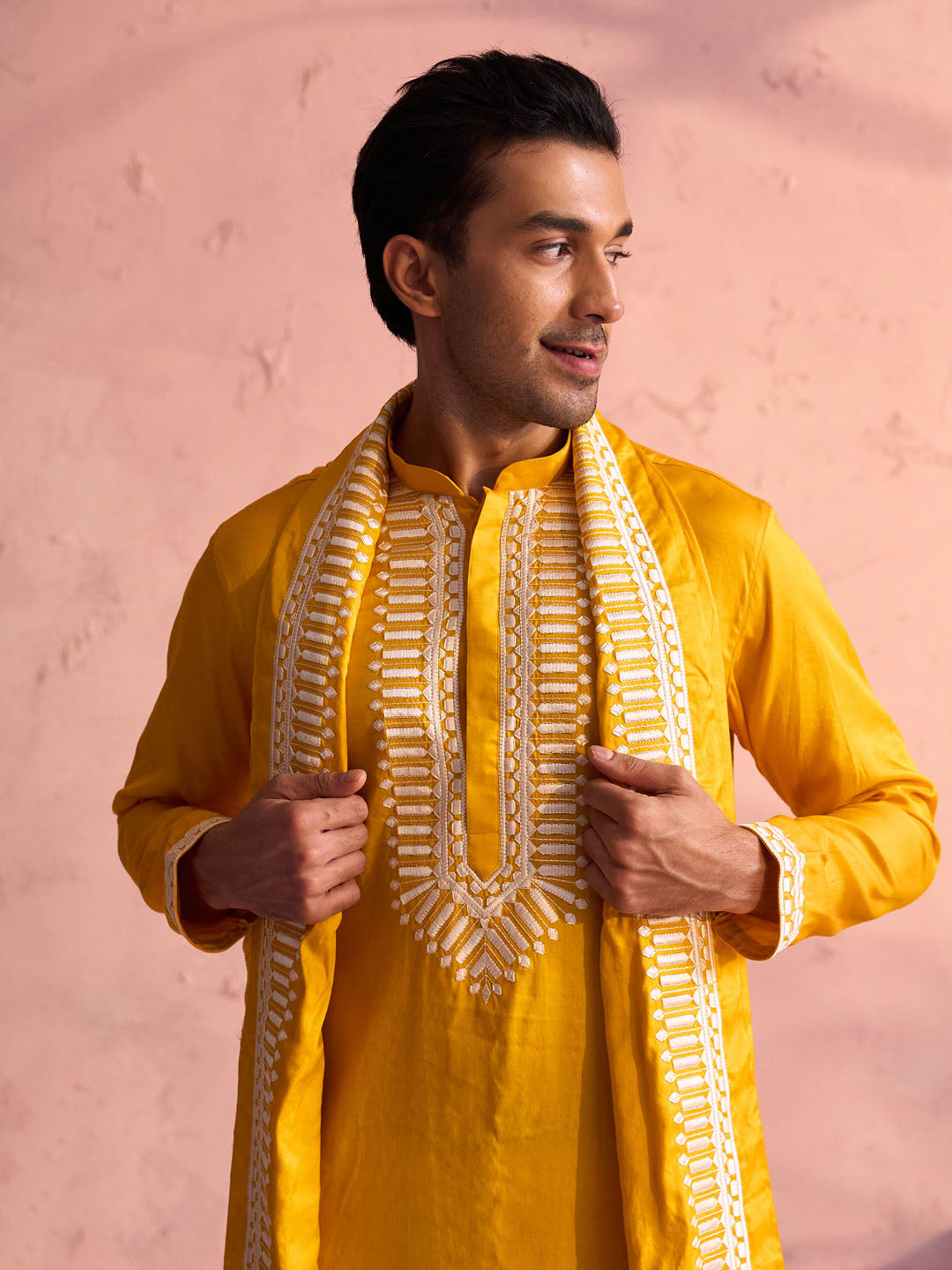 Men's Yellow And Cream Moonga Silk Kurta, Pyjama & Dupatta Set