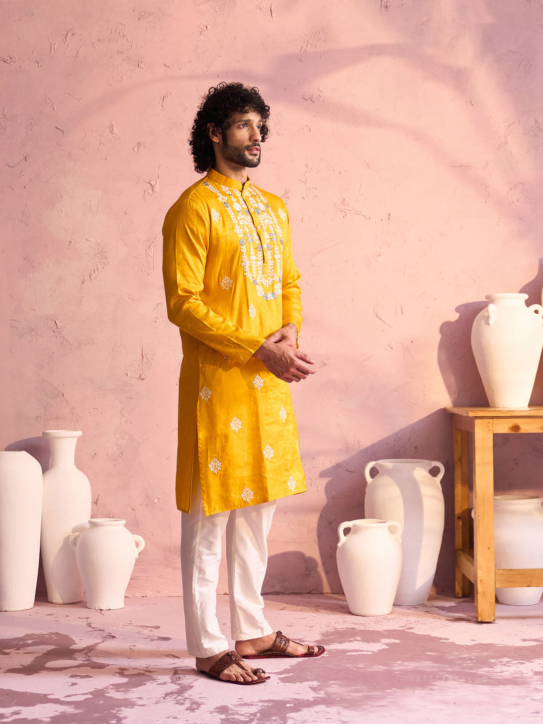 Men's Yellow And Cream Moonga Silk Kurta Pyjama Set