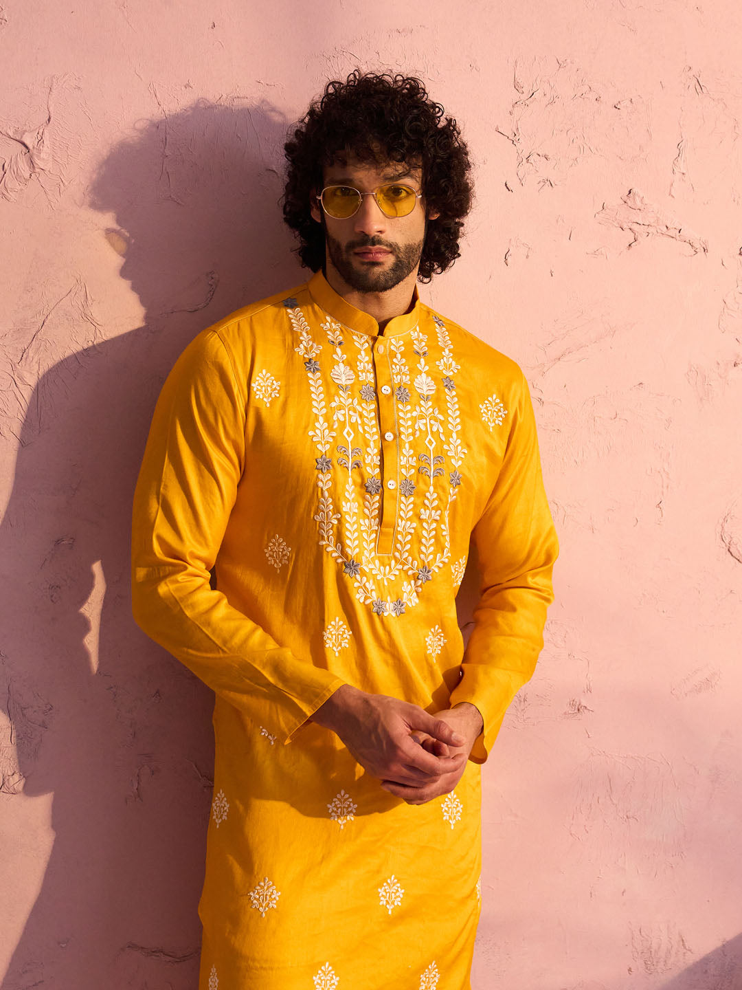 Men's Yellow And Cream Moonga Silk Kurta Pyjama Set