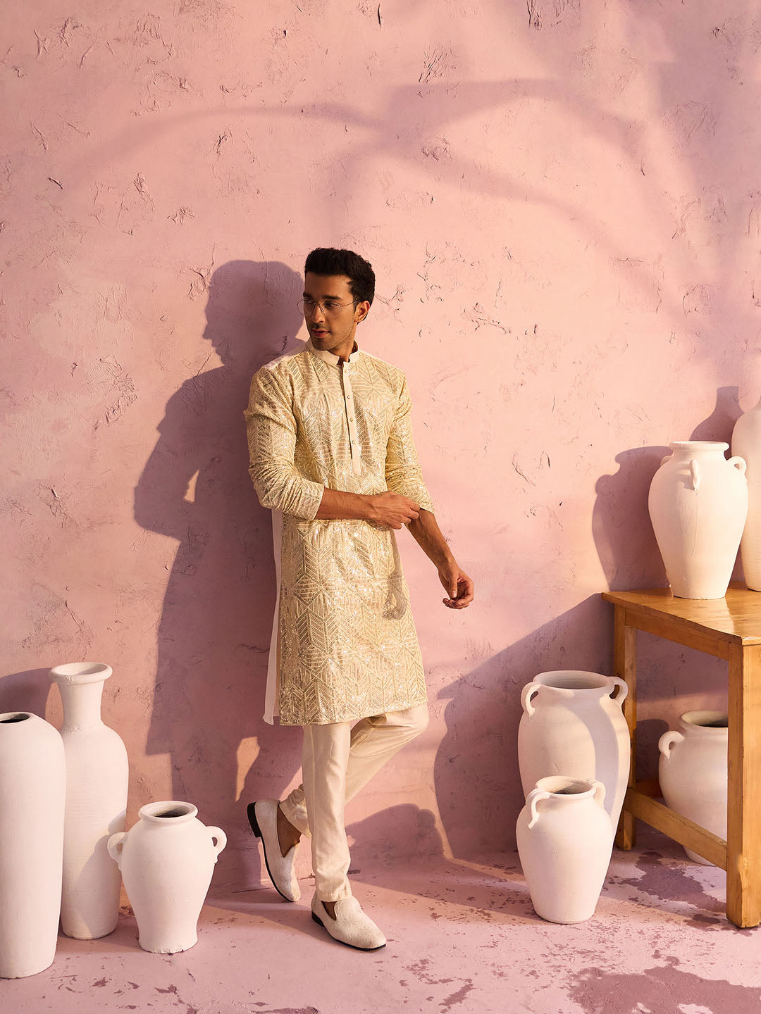 Men's Cream Georgette Kurta Pyjama Set