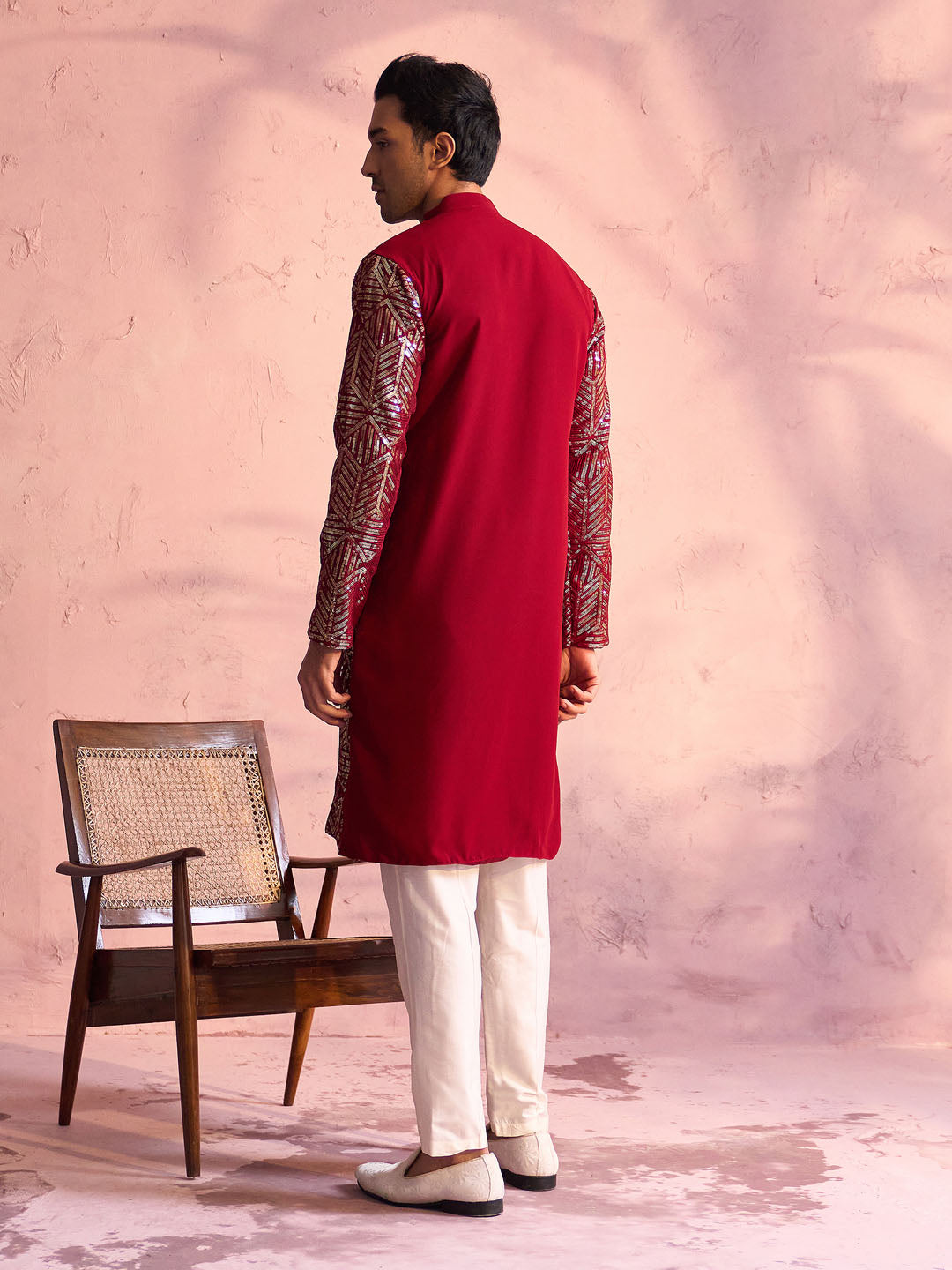 Men's Maroon And Cream Georgette Kurta Pyjama Set