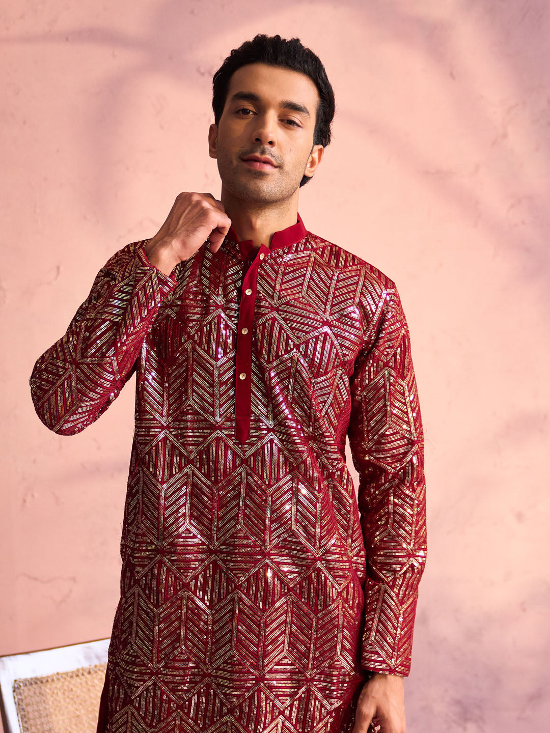 Men's Maroon And Cream Georgette Kurta Pyjama Set