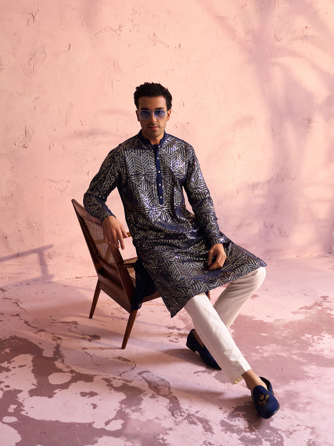 Men's Navy Blue And Cream Georgette Kurta Pyjama Set