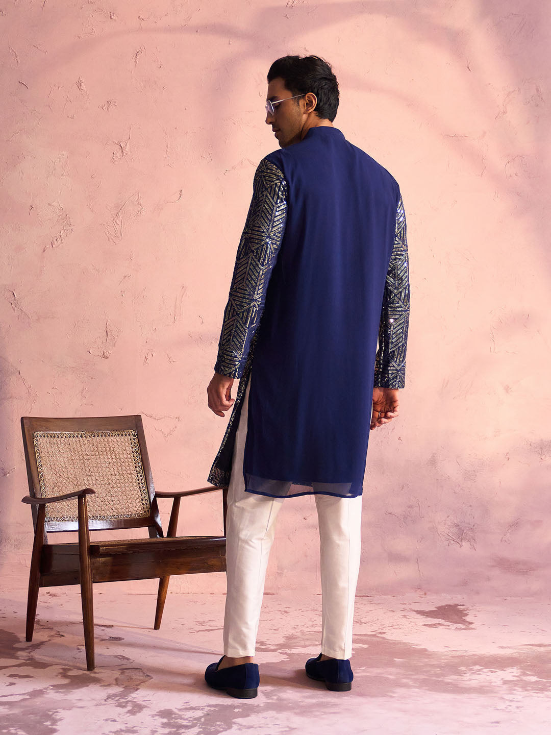 Men's Navy Blue And Cream Georgette Kurta Pyjama Set