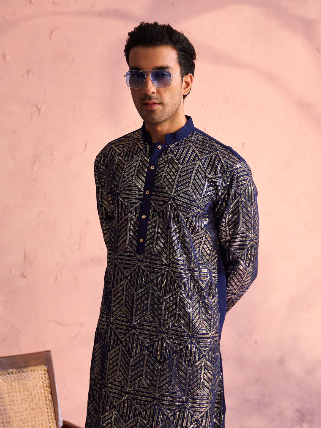 Men's Navy Blue And Cream Georgette Kurta Pyjama Set