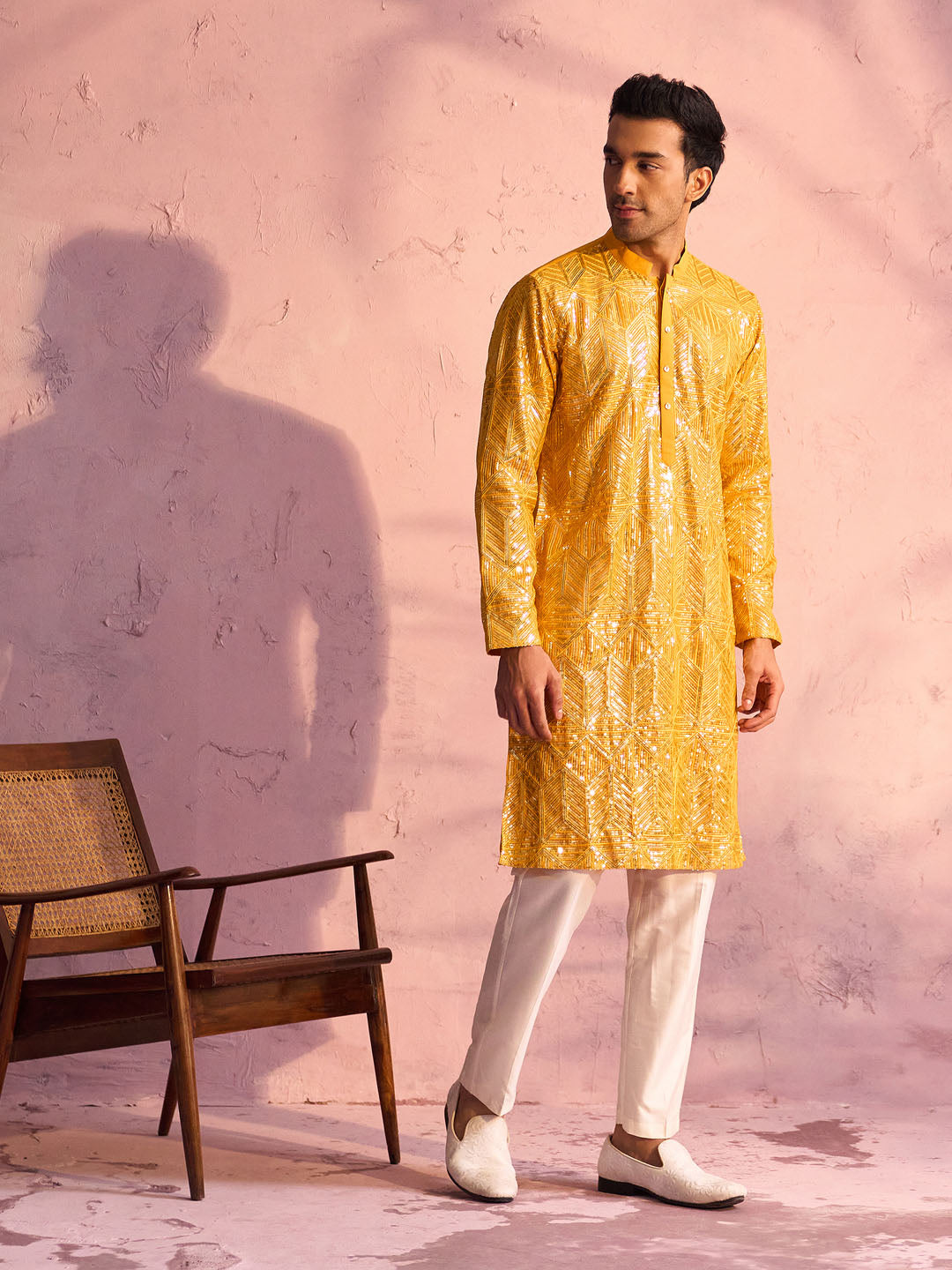 Men's Yellow And Cream Georgette Kurta Pyjama Set