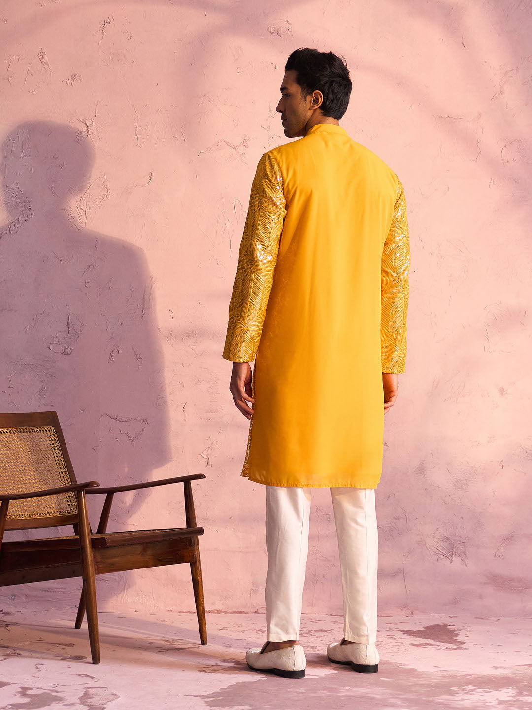 Men's Yellow And Cream Georgette Kurta Pyjama Set