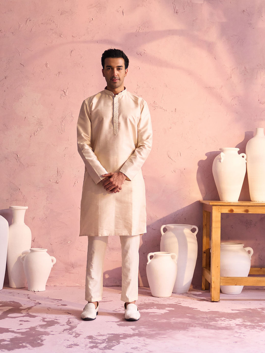 Men's Beige Silk Blend Kurta Pyjama Set