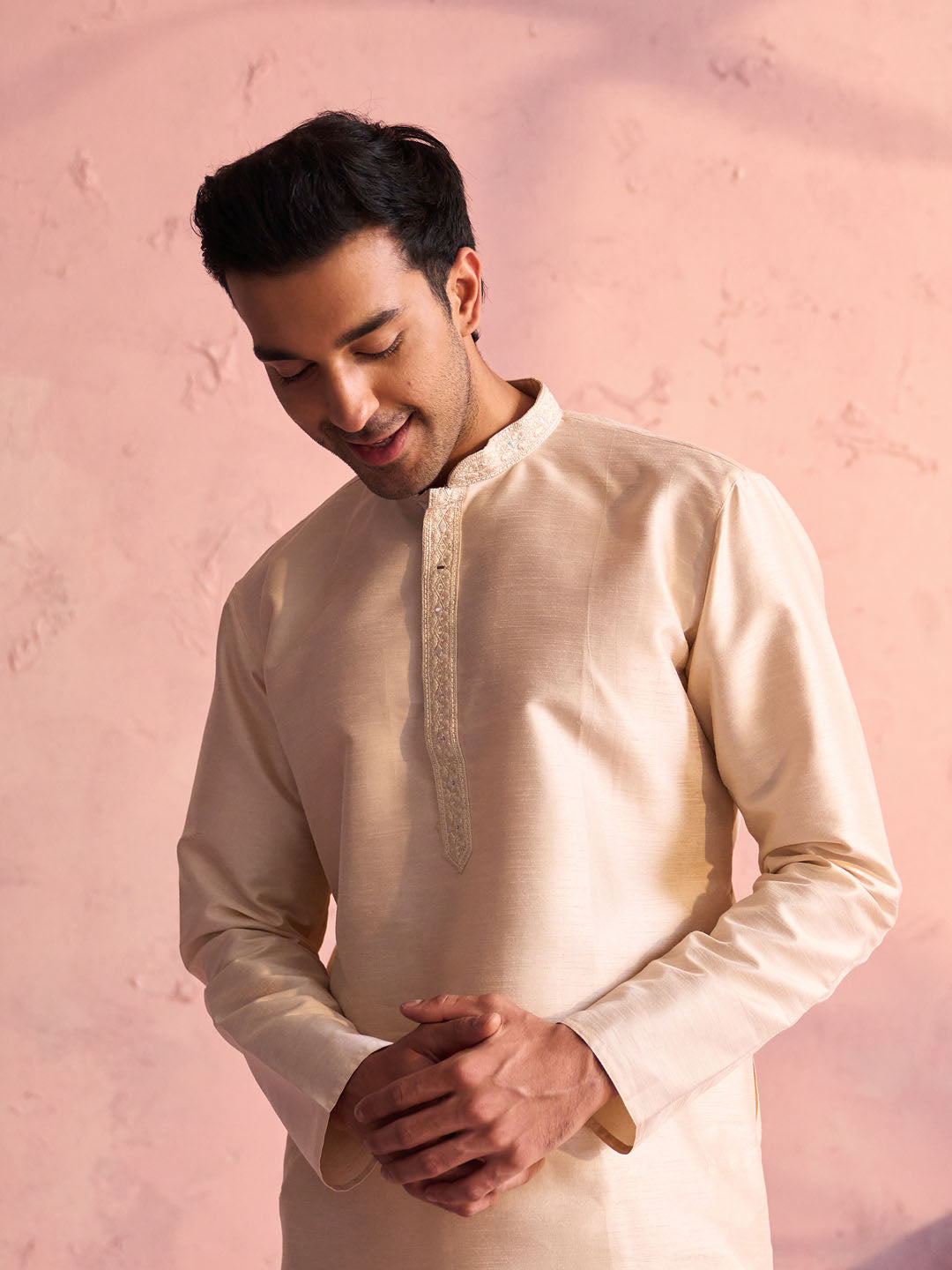 Men's Beige Silk Blend Kurta Pyjama Set