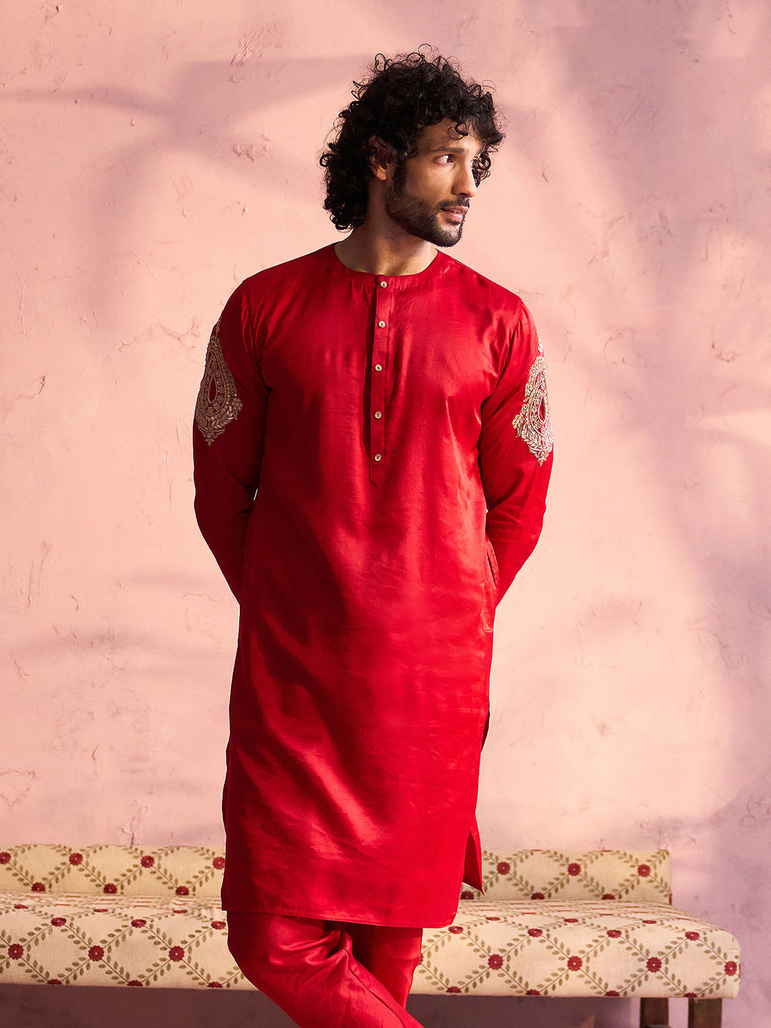 Men's Red Moonga Silk Kurta