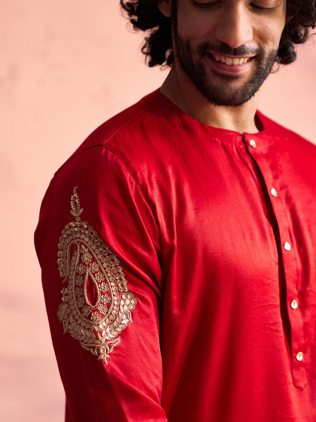 Men's Red Moonga Silk Kurta