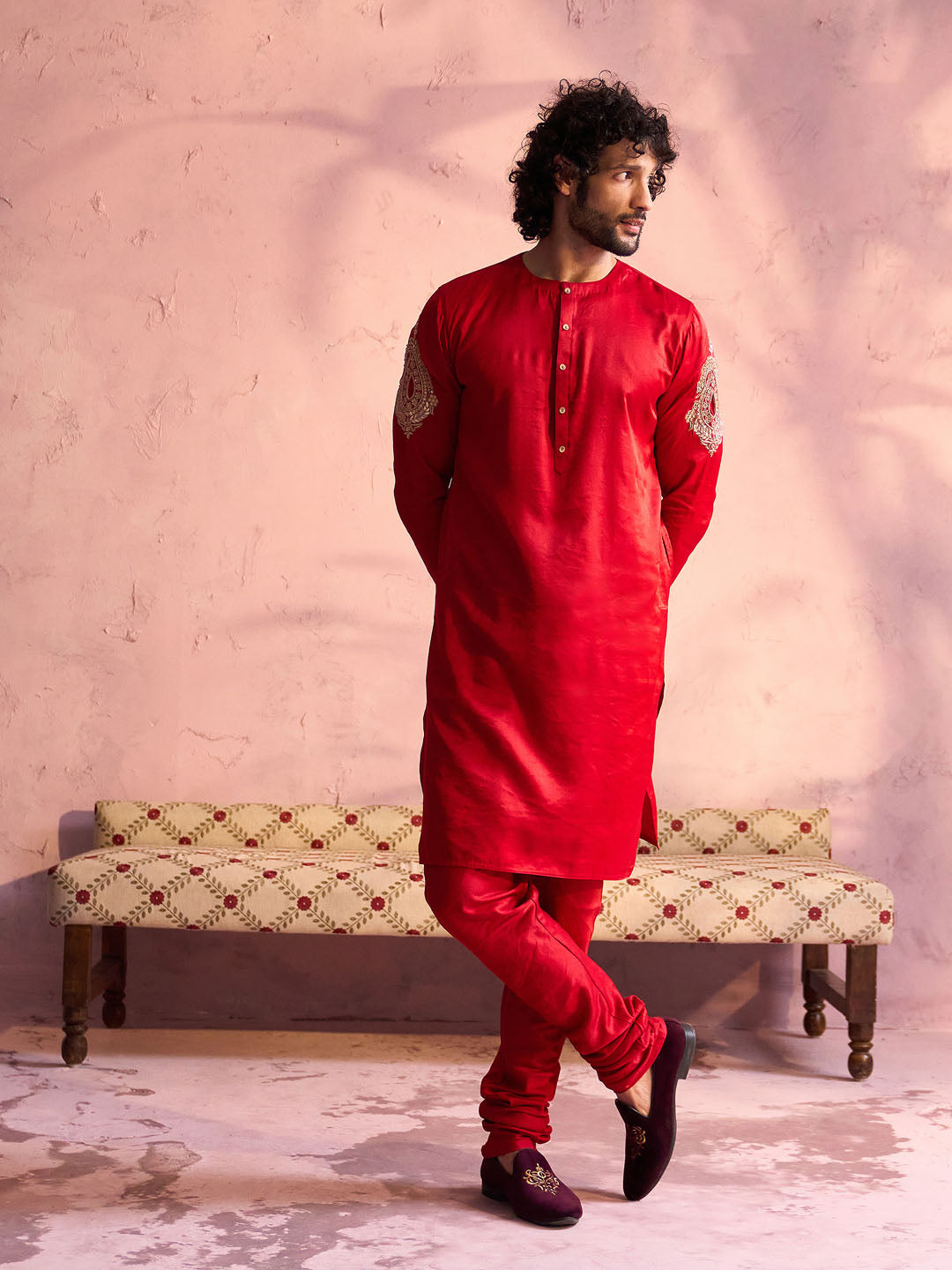 Men's Red And Cream Moonga Silk Kurta Pyjama Set