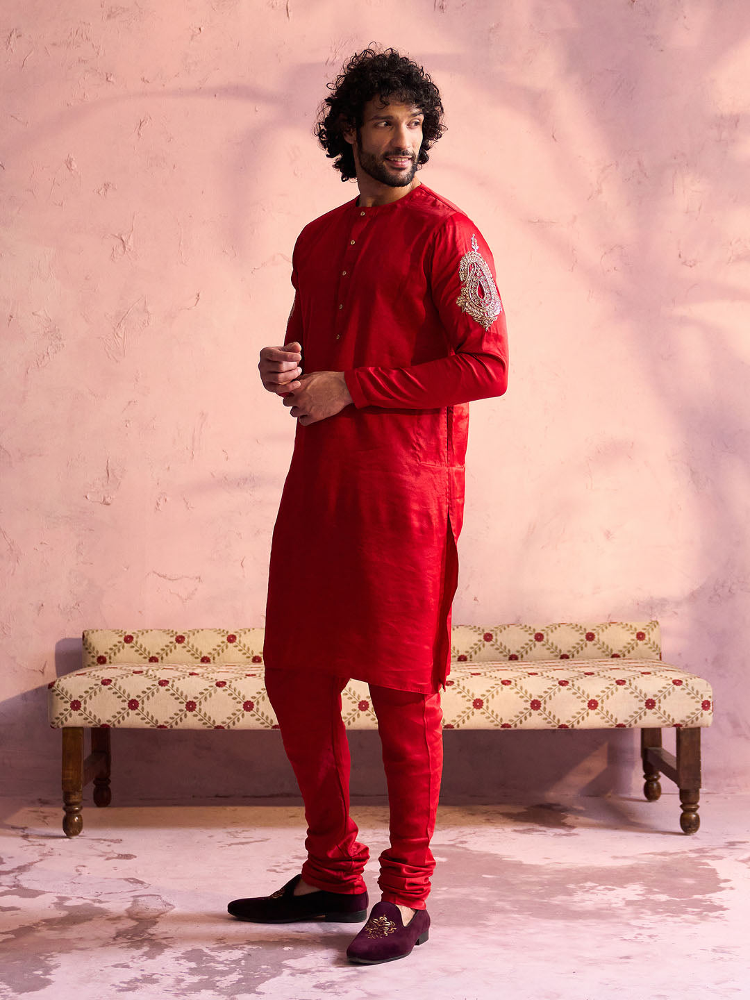 Men's Red And Cream Moonga Silk Kurta Pyjama Set