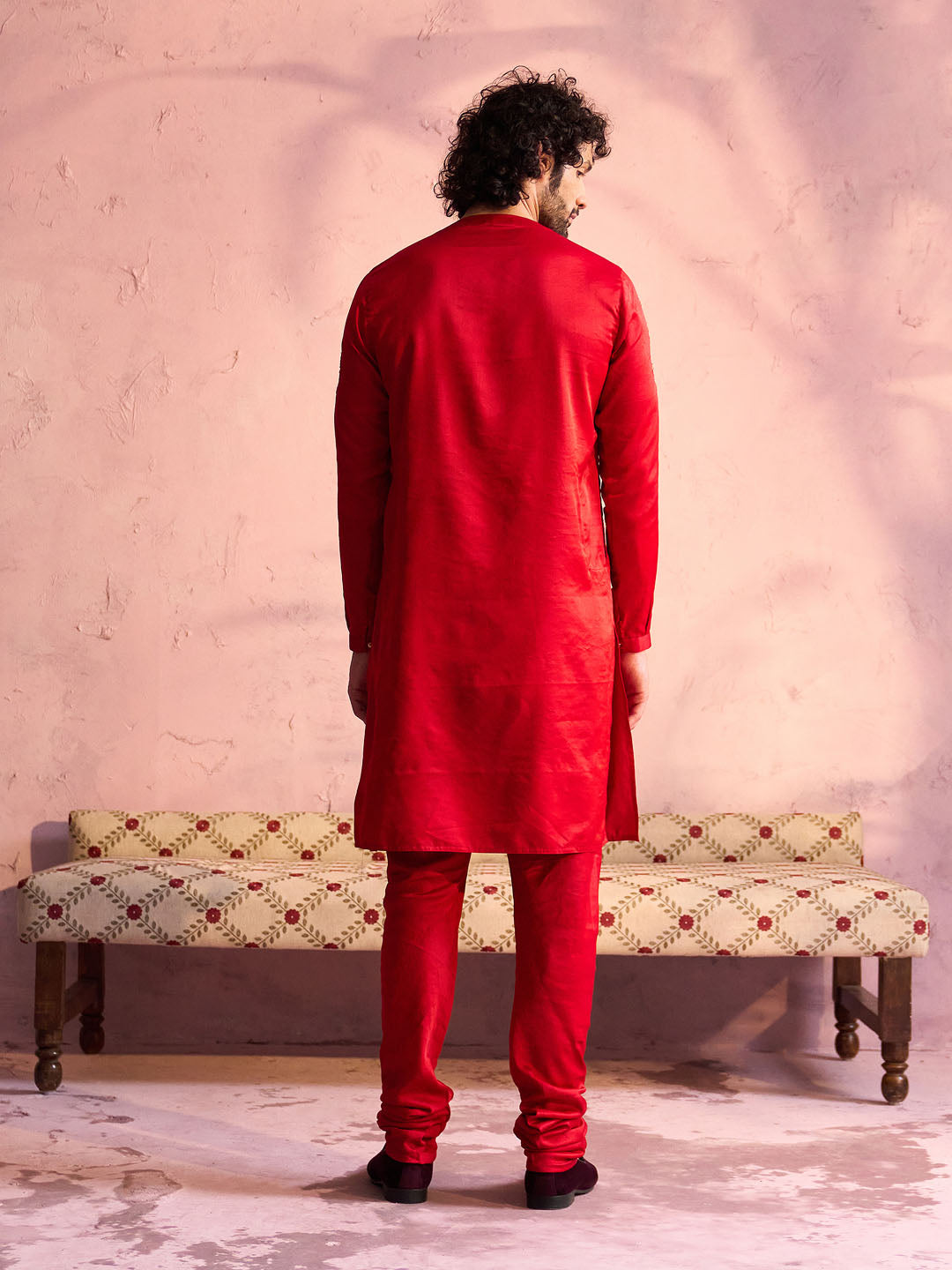 Men's Red And Cream Moonga Silk Kurta Pyjama Set