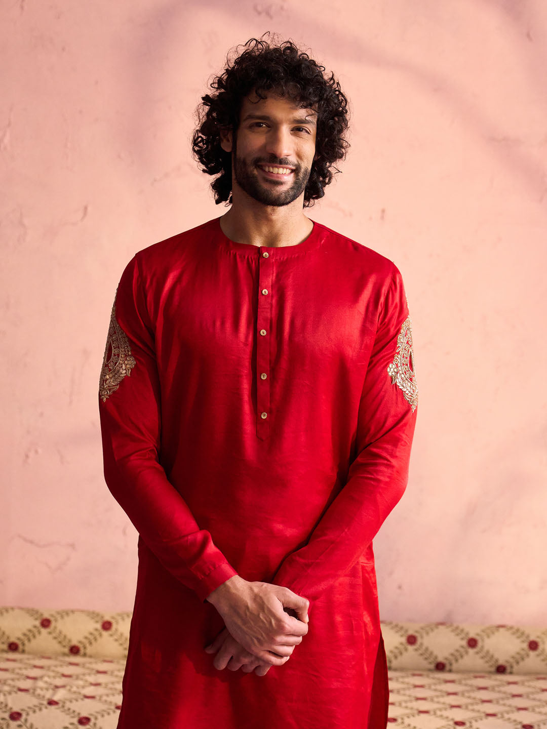 Men's Red And Cream Moonga Silk Kurta Pyjama Set