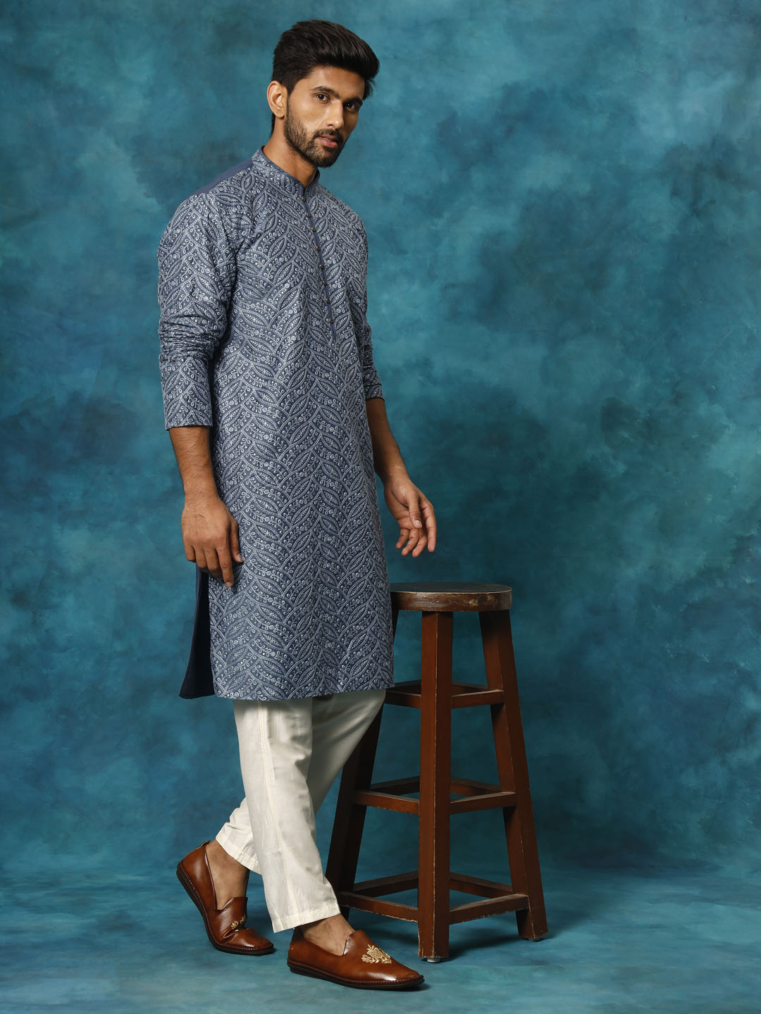 Men's Blue And Cream Rayon Cotton Kurta Pyjama Set