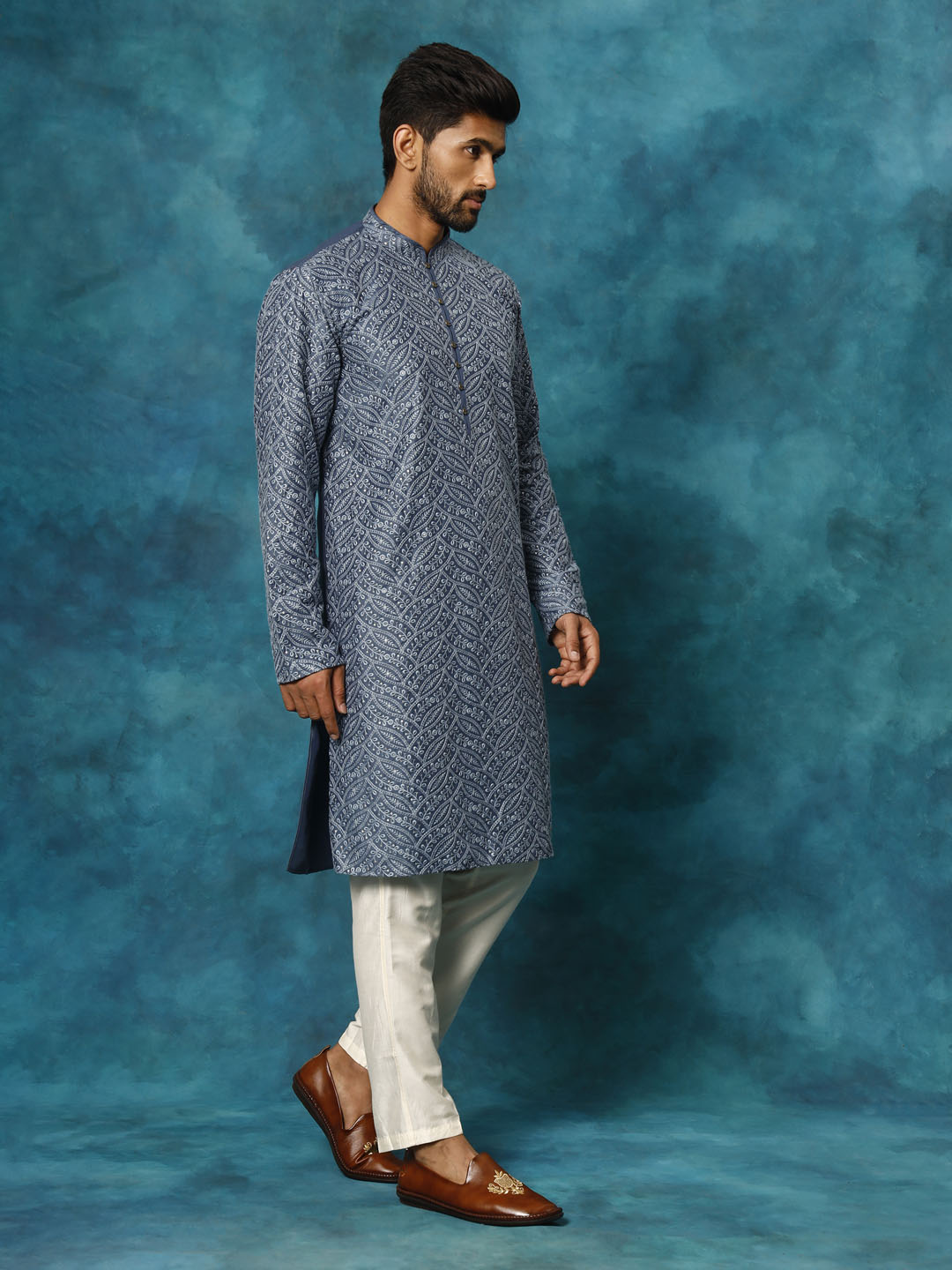 Men's Blue And Cream Rayon Cotton Kurta Pyjama Set