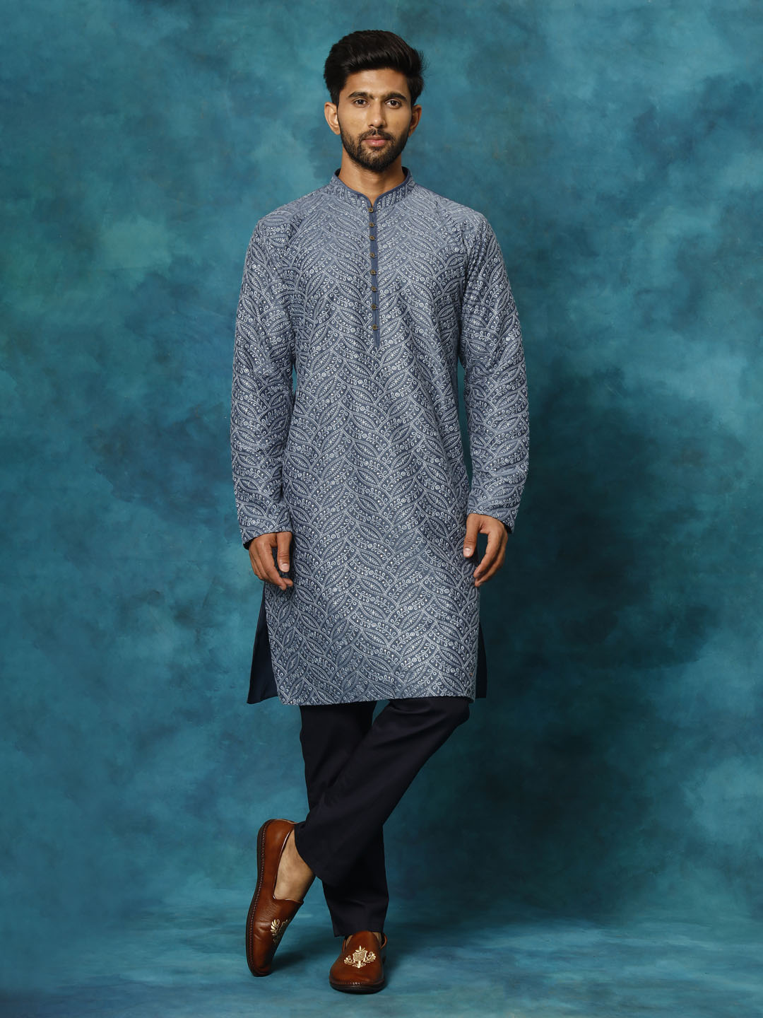 Men's Blue Rayon Cotton Kurta Pyjama Set