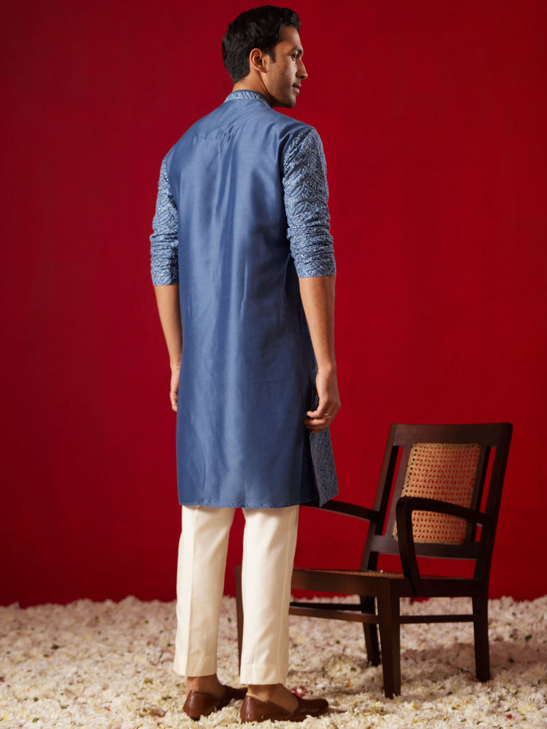 Men's Blue And Cream Rayon Cotton Kurta Pyjama Set