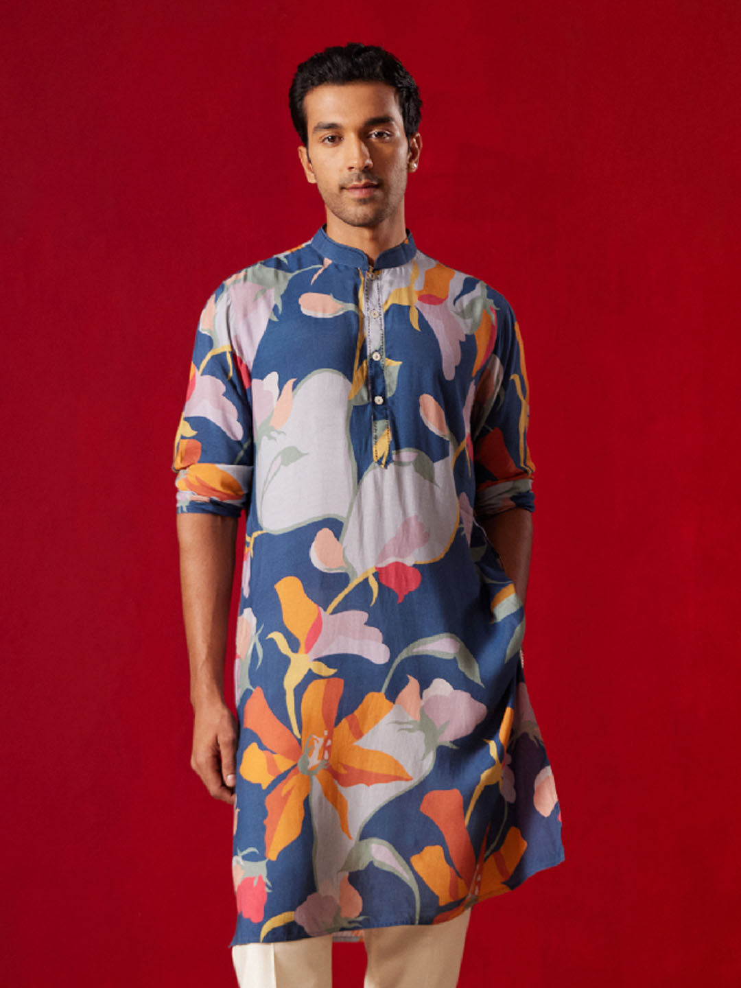 Men's Multi Color Base Blue Cotton blend Kurta