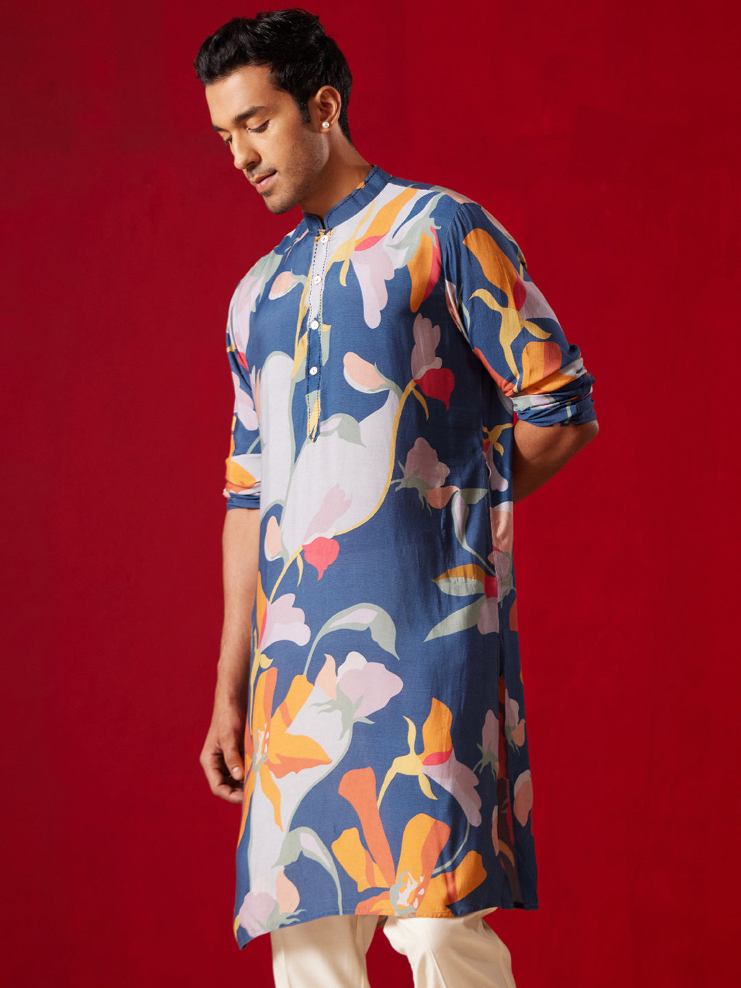 Men's Multi Color Base Blue Cotton blend Kurta