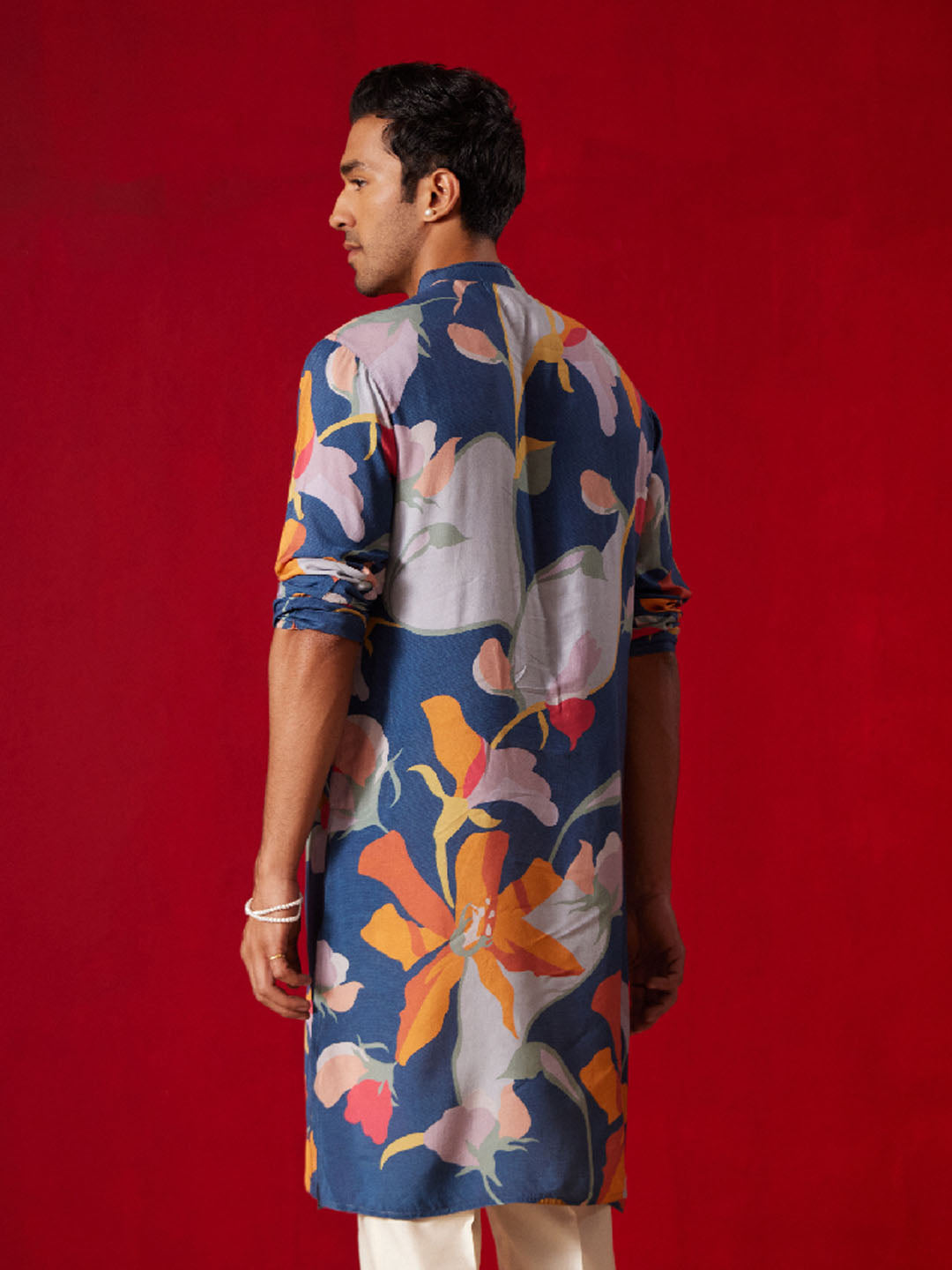 Men's Multi Color Base Blue Cotton blend Kurta