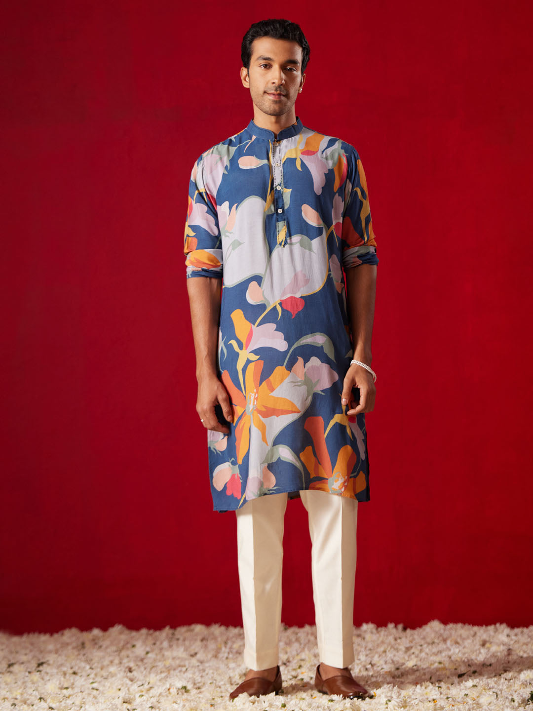 Men's Multi Color Base Blue Cotton blend Kurta