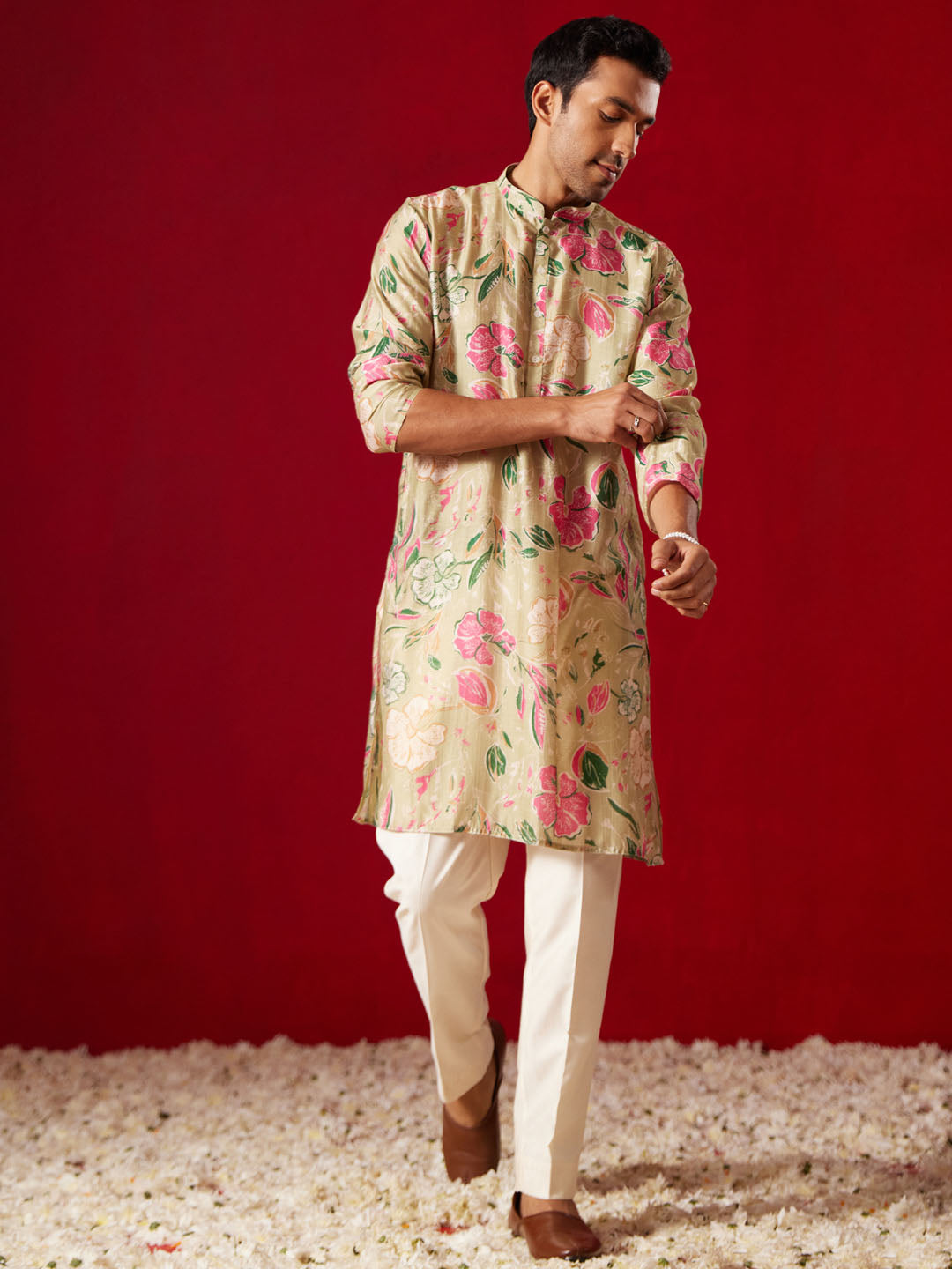 Men's Multi color Base Beige Cotton blend Kurta