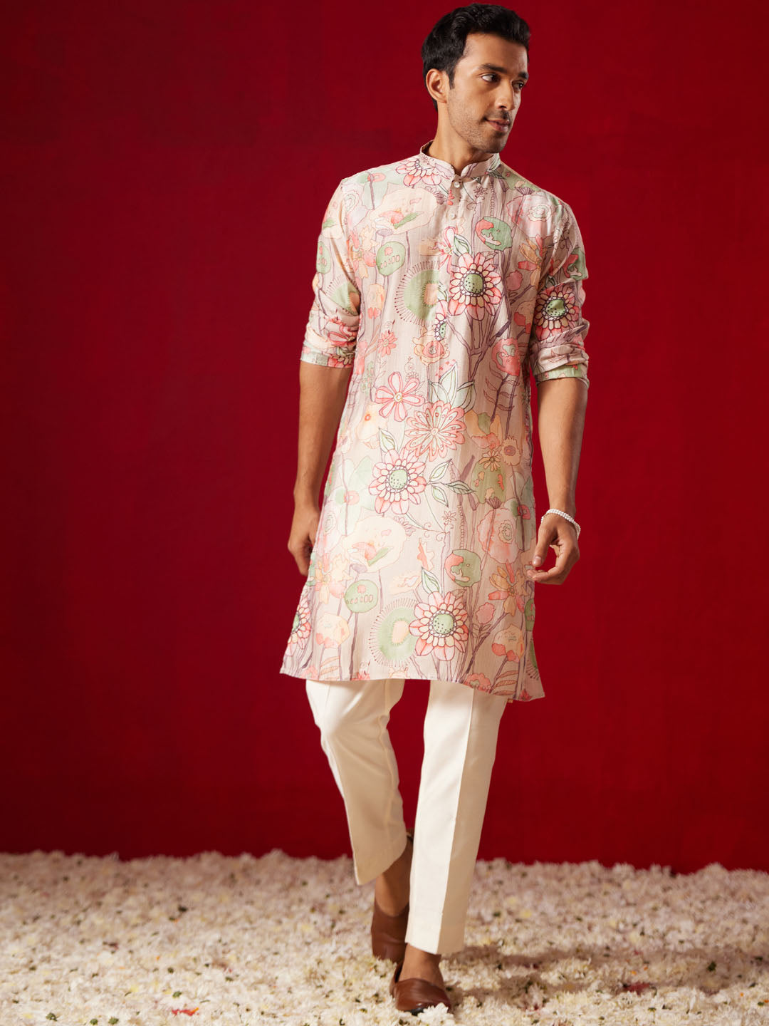 Men's Multi color Base Cream Cotton blend Kurta