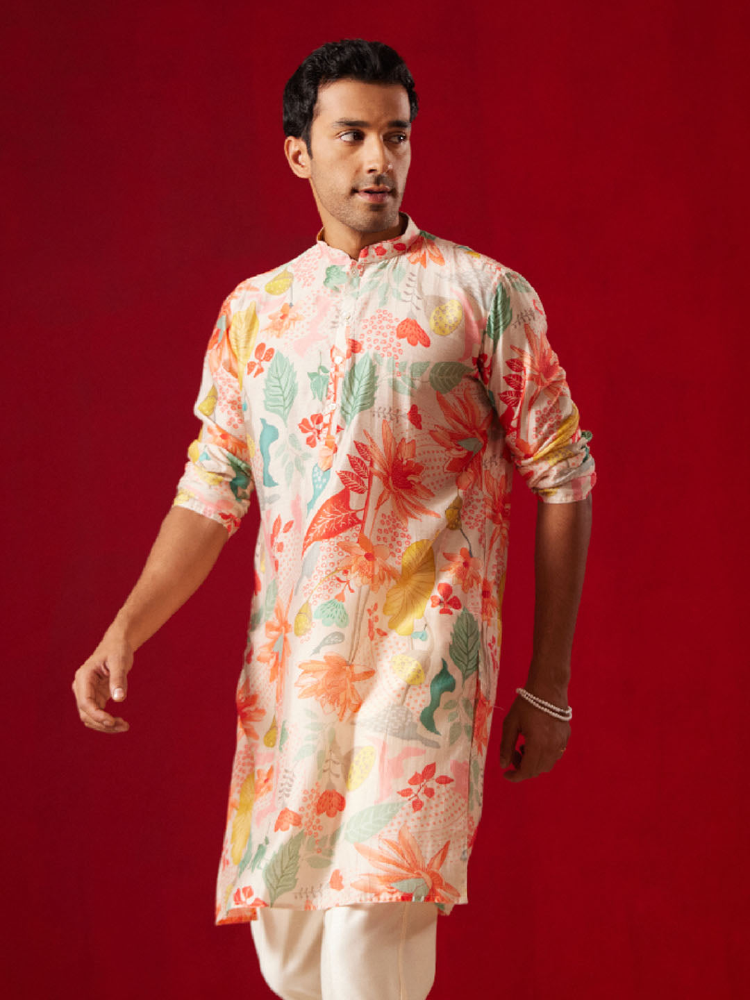 Men's Multi color Base Pink Cotton blend Kurta