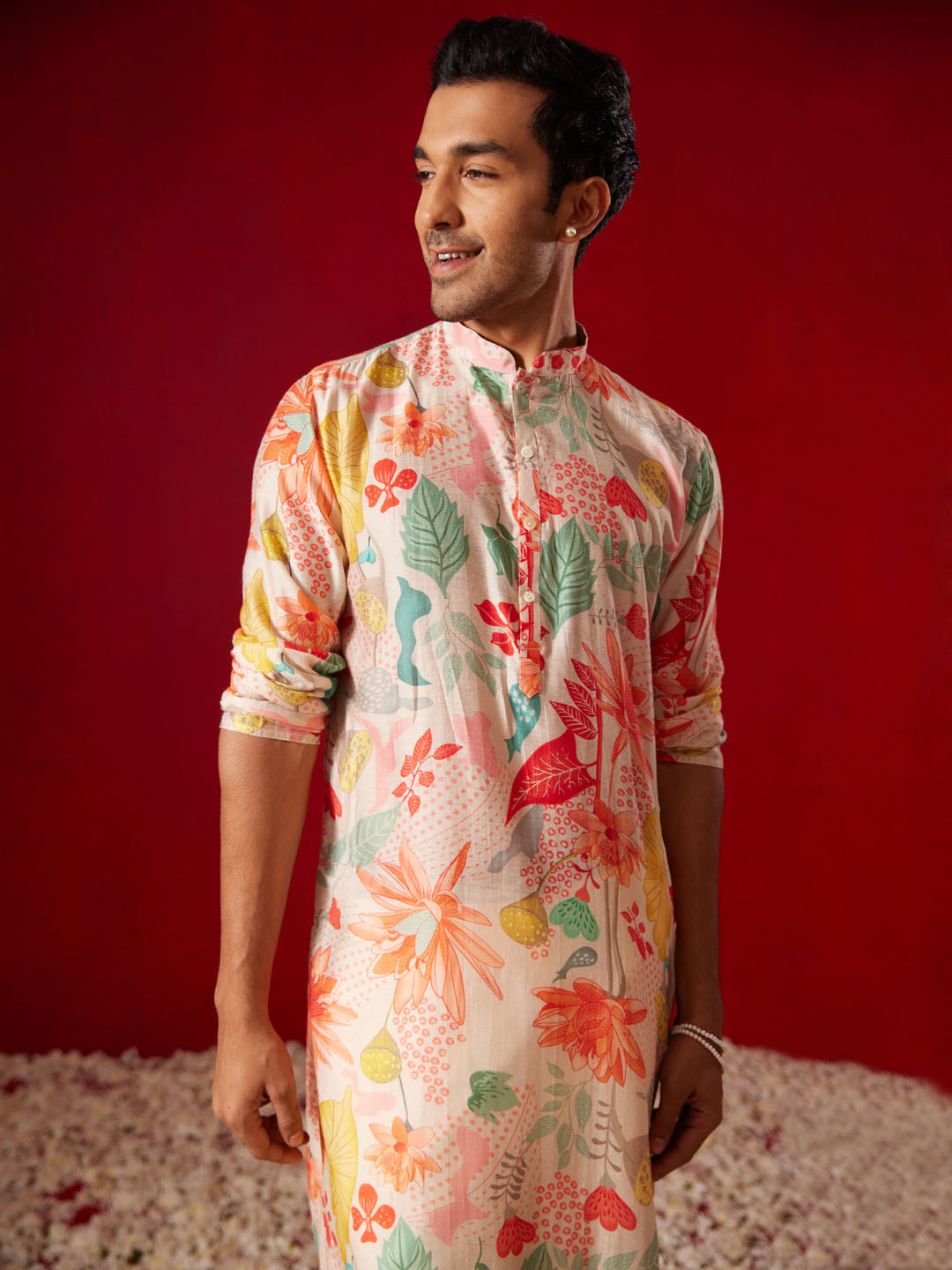 Men's Multi color Base Pink Cotton blend Kurta