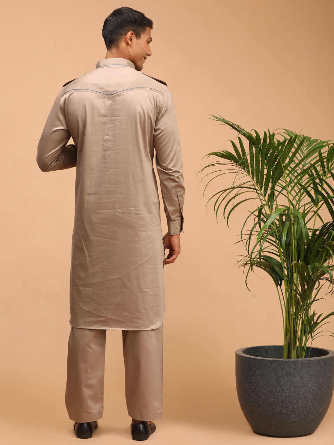 Men's Chiku Brown Cotton Blend Pathani Kurta Set