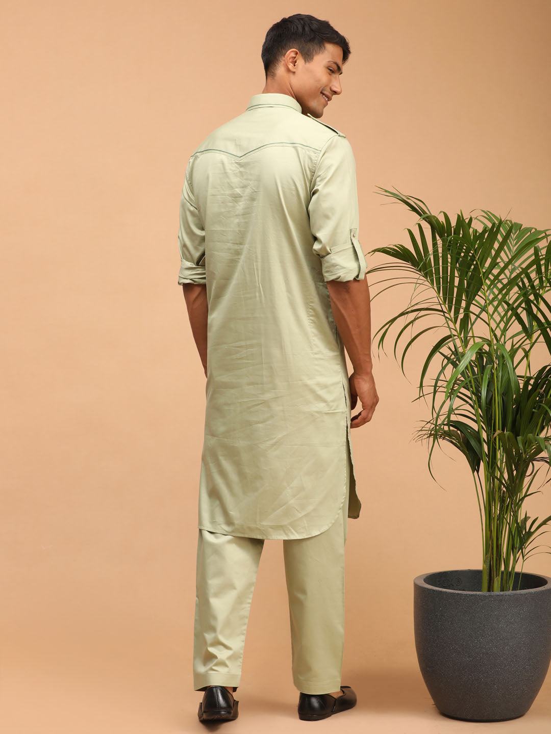 Men's Green Cotton Blend Pathani Kurta Set