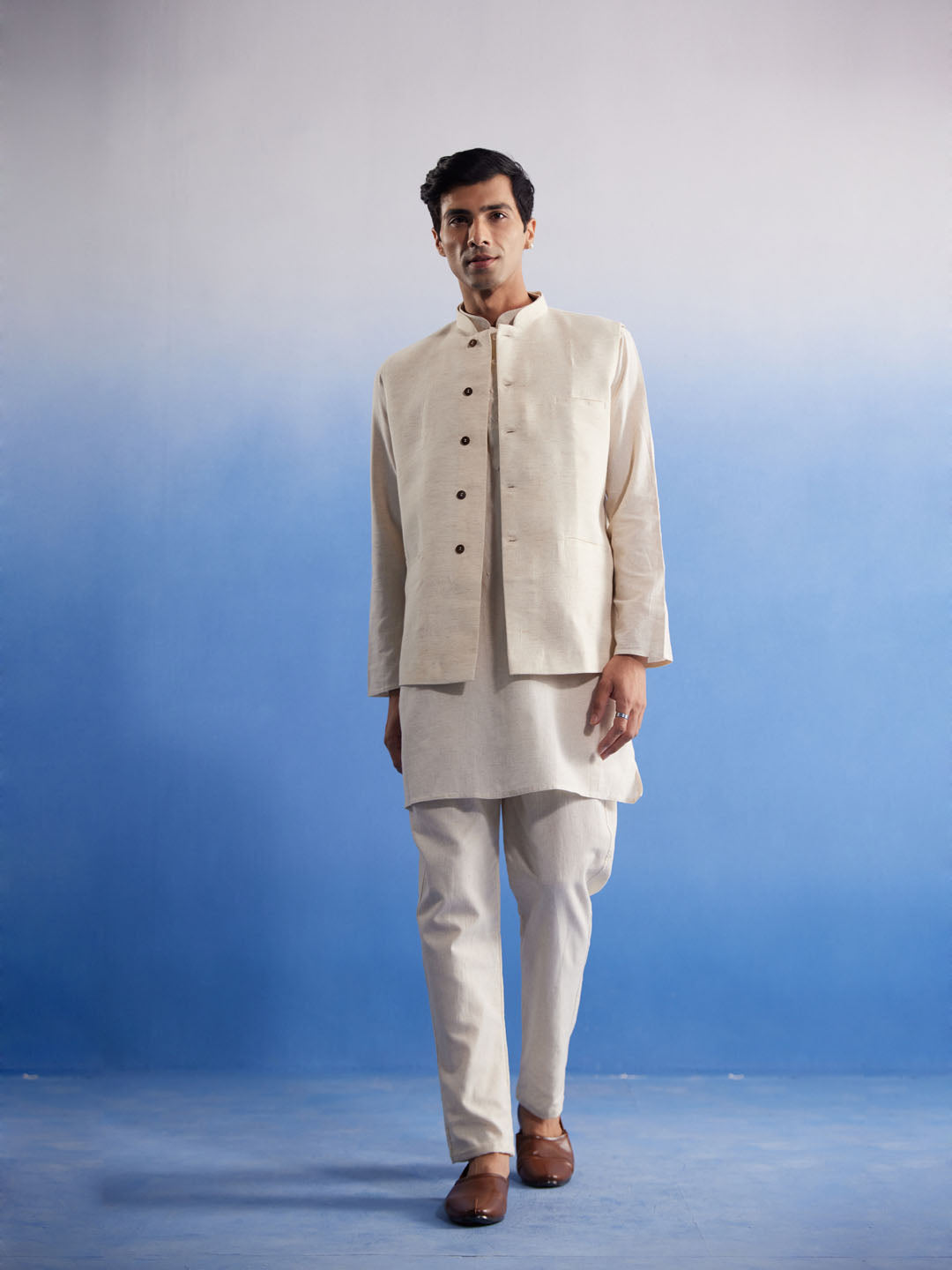 Men's Cream Khadi Cotton Jacket, Kurta and Pyjama Set