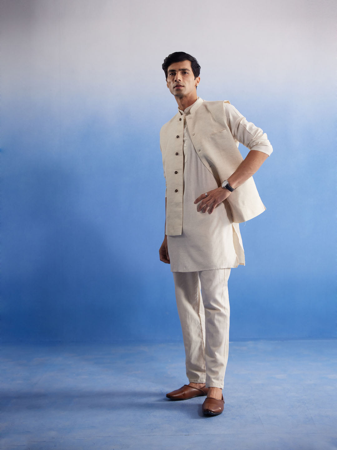 Men's Cream Khadi Cotton Jacket, Kurta and Pyjama Set