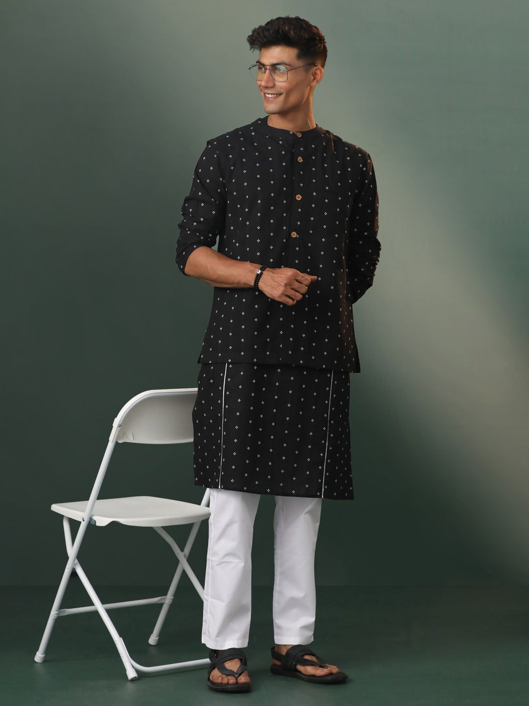 Men's Black And White Cotton Jacket, Kurta and Pyjama Set