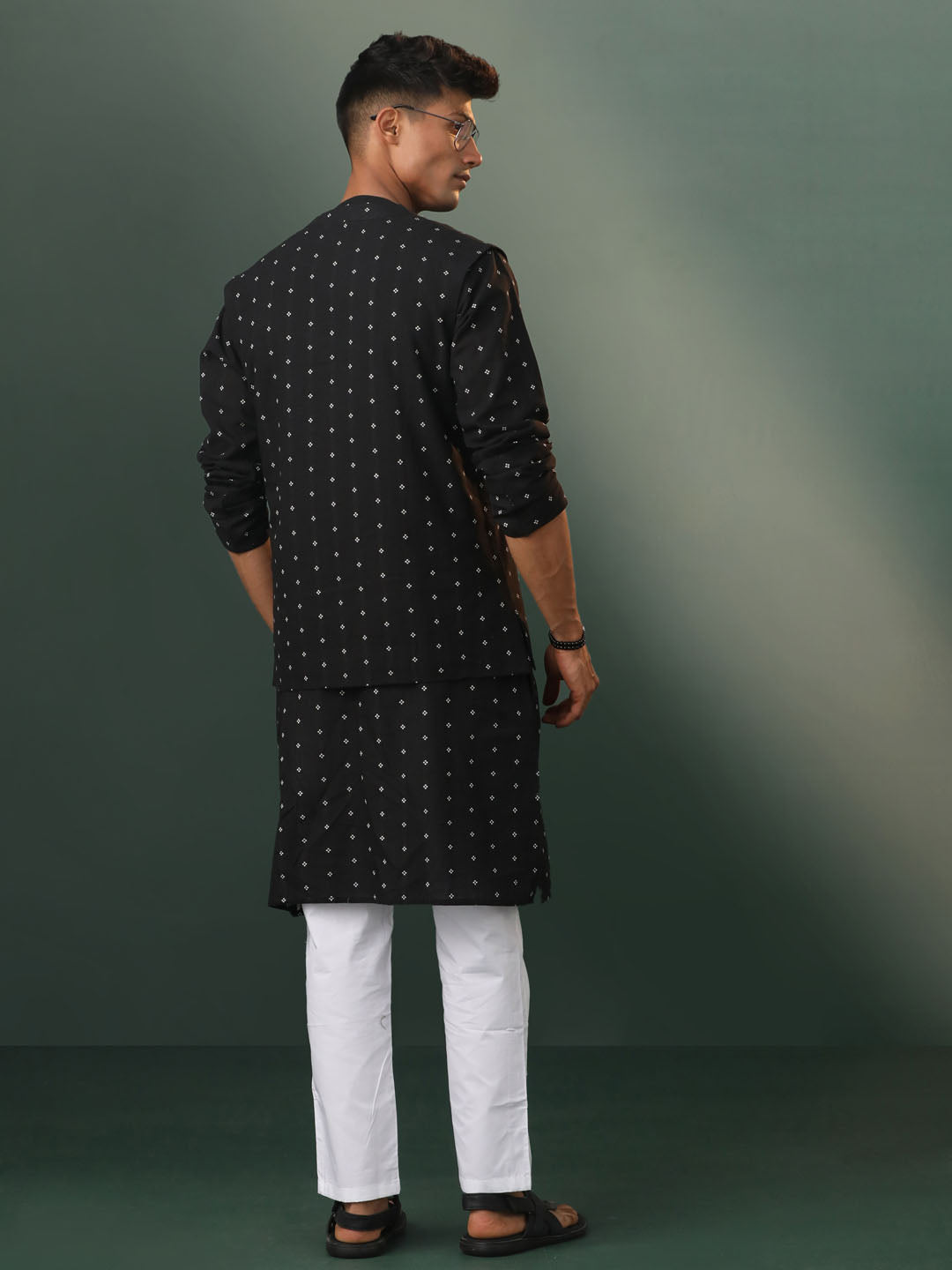 Men's Black And White Cotton Jacket, Kurta and Pyjama Set