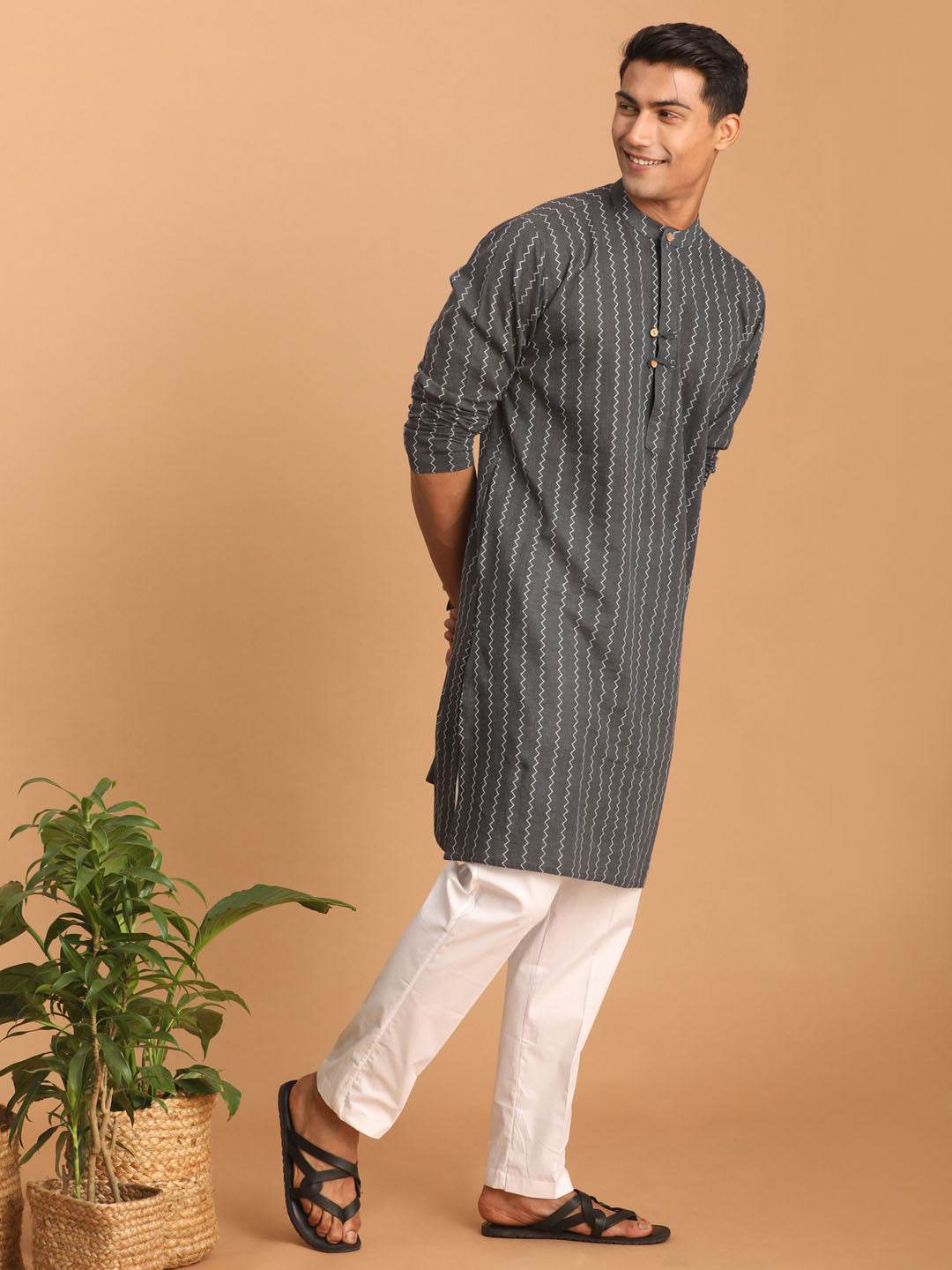 Men's Grey And White Cotton Kurta Pyjama Set