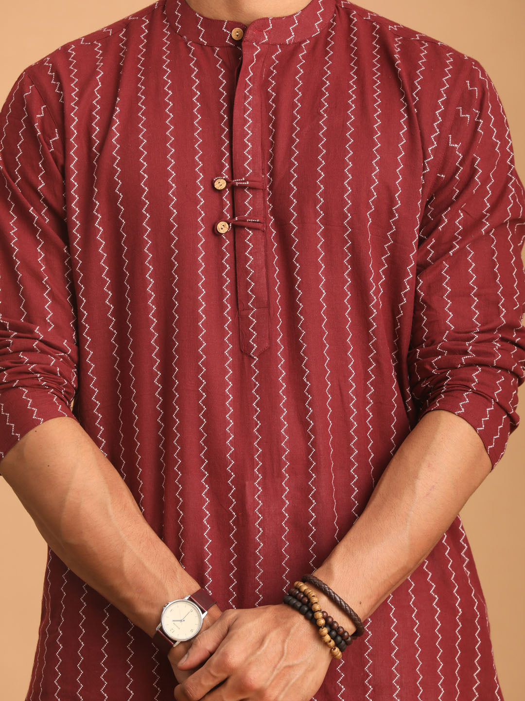 Men's Maroon And White Cotton Kurta Pyjama Set