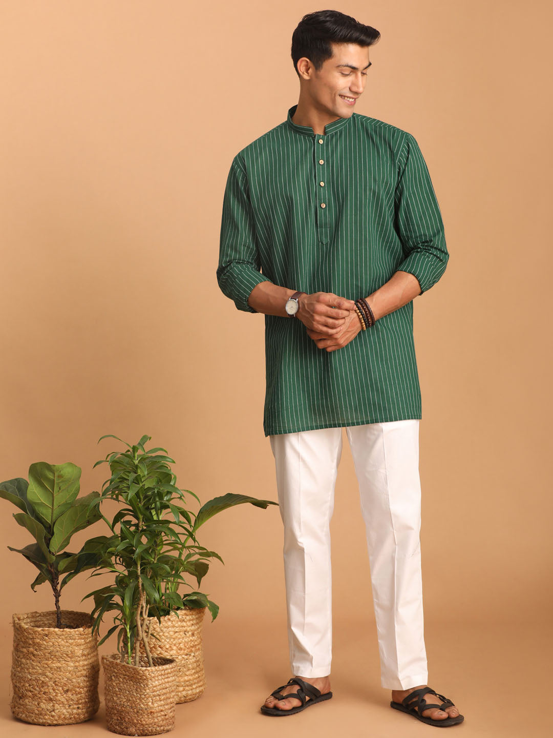 Men's Green Cotton Short Kurta