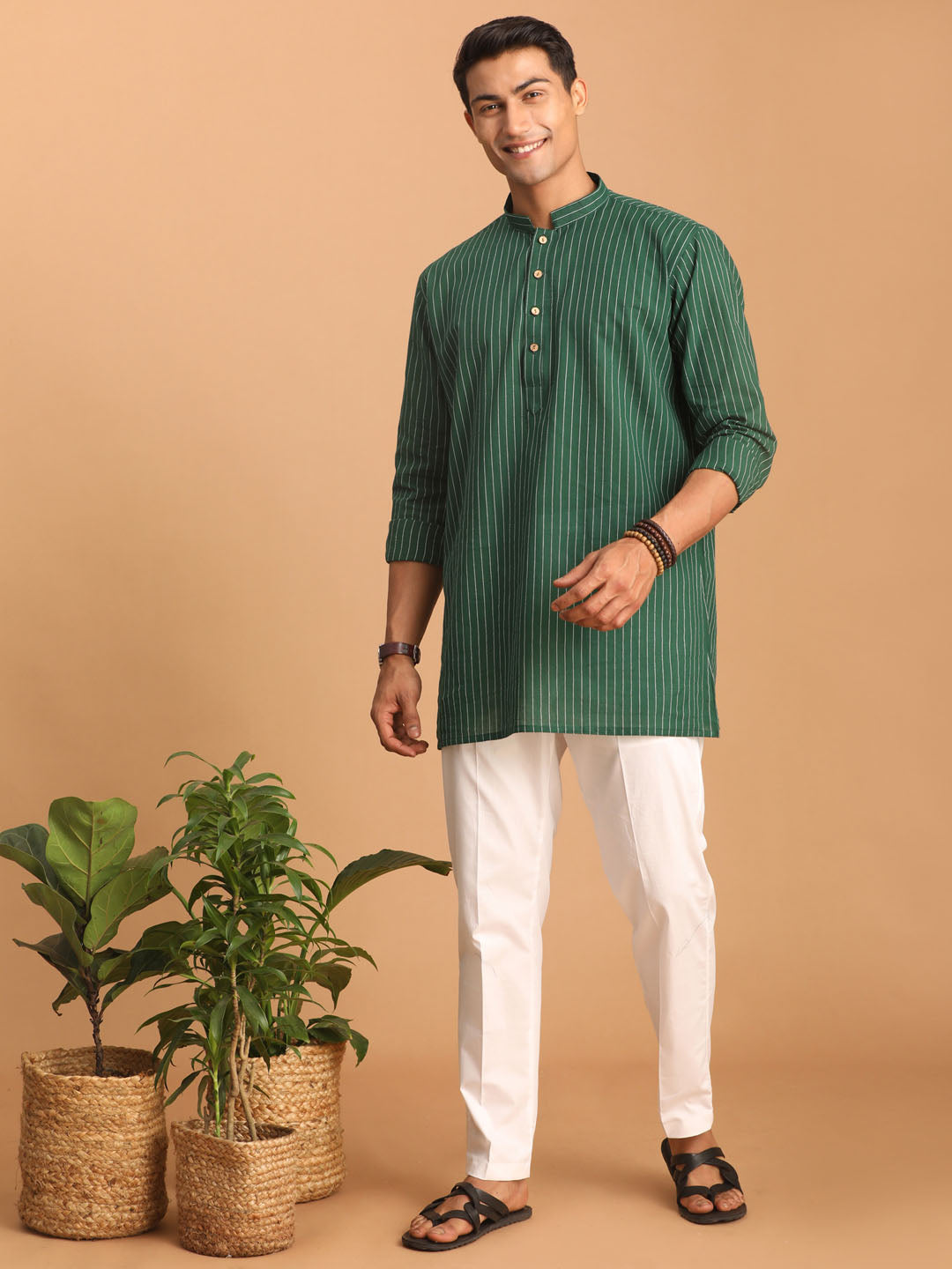 Men's Green And White Cotton Short Kurta And Pyjama Set